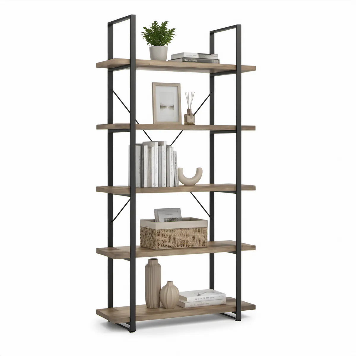 Freistehendes Regal mit 5 Ablageflächen, Schwarz/Eiche, 80 x 30 x 180 cm