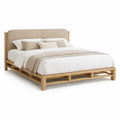 Doppelbett 180 x 200 cm aus Massivholz mit gepolstertem Kopfteil, Natur/Beige