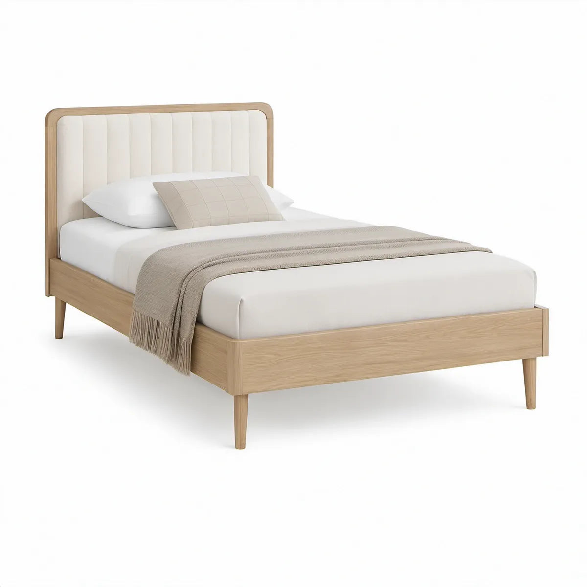 Doppelbett 160 x 200 cm mit gepolstertem Kopfteil in heller Eichenoptik und Weiss