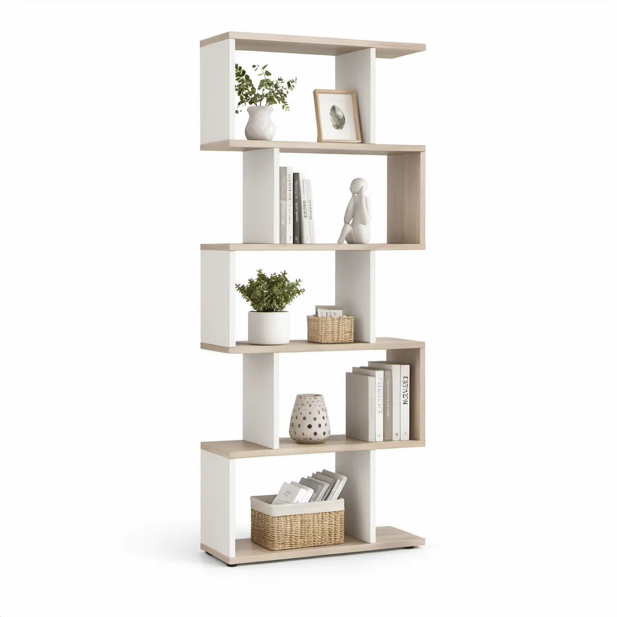 Freistehendes Regal mit 5 offenen Ebenen, 80 x 24 x 180 cm, Weiss/Helle Eiche