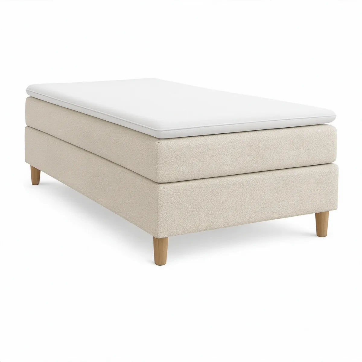 Gepolstertes Einzelbett 90 x 200 cm in Creme mit weisser Matratze und naturbraunen Massivholzfüssen
