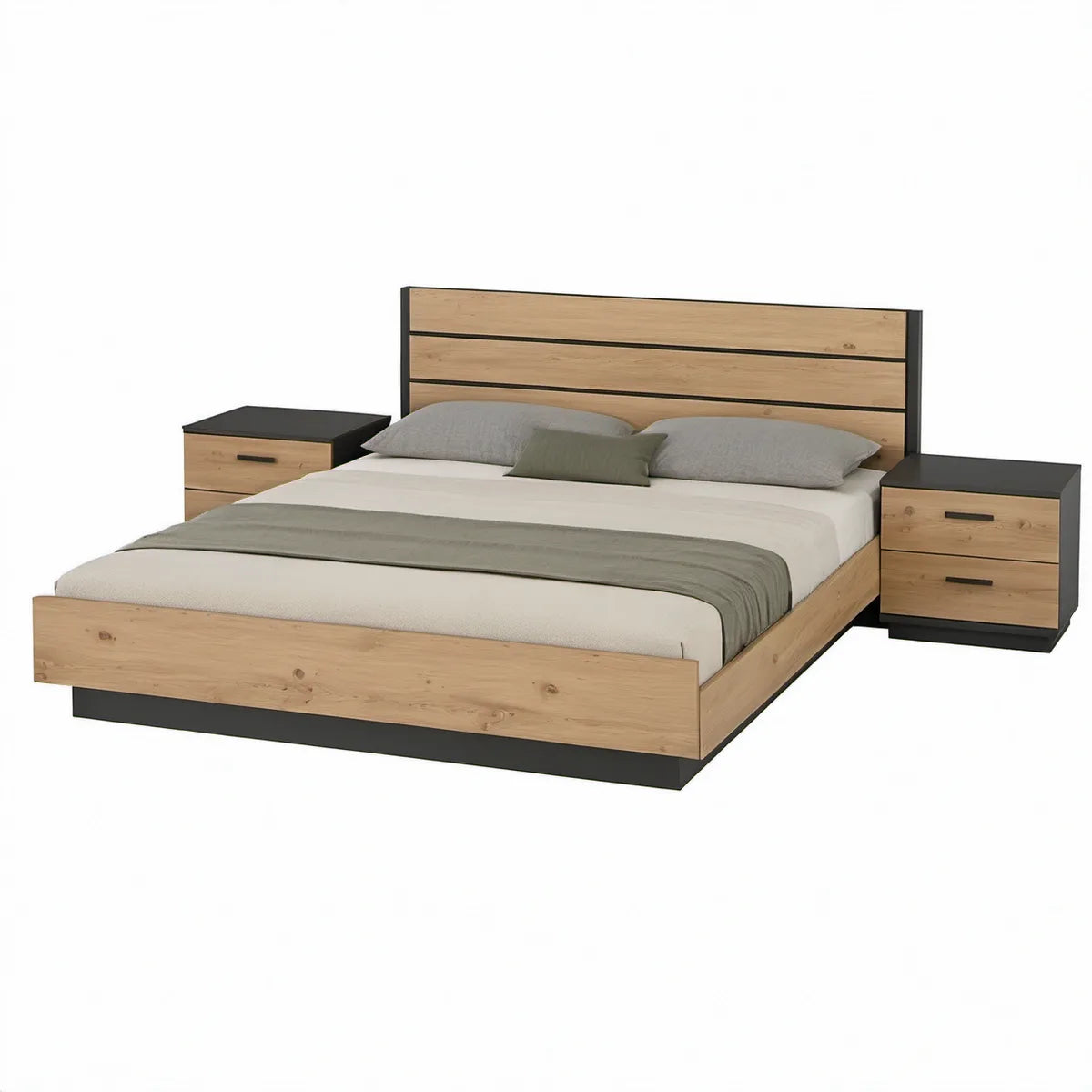 Doppelbett-Set 180 x 200 cm in Eichefarben/Anthrazit mit 2 Nachttischen