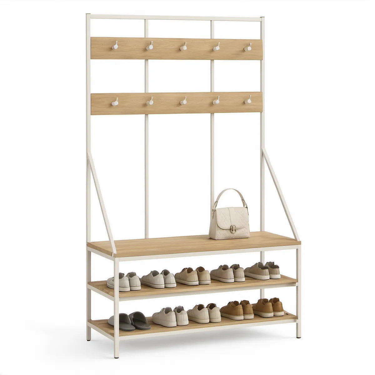 Garderobenregal mit 10 Haken und 3 Ablagen, 100 x 35 x 180 cm, Eiche Natur/Weiss
