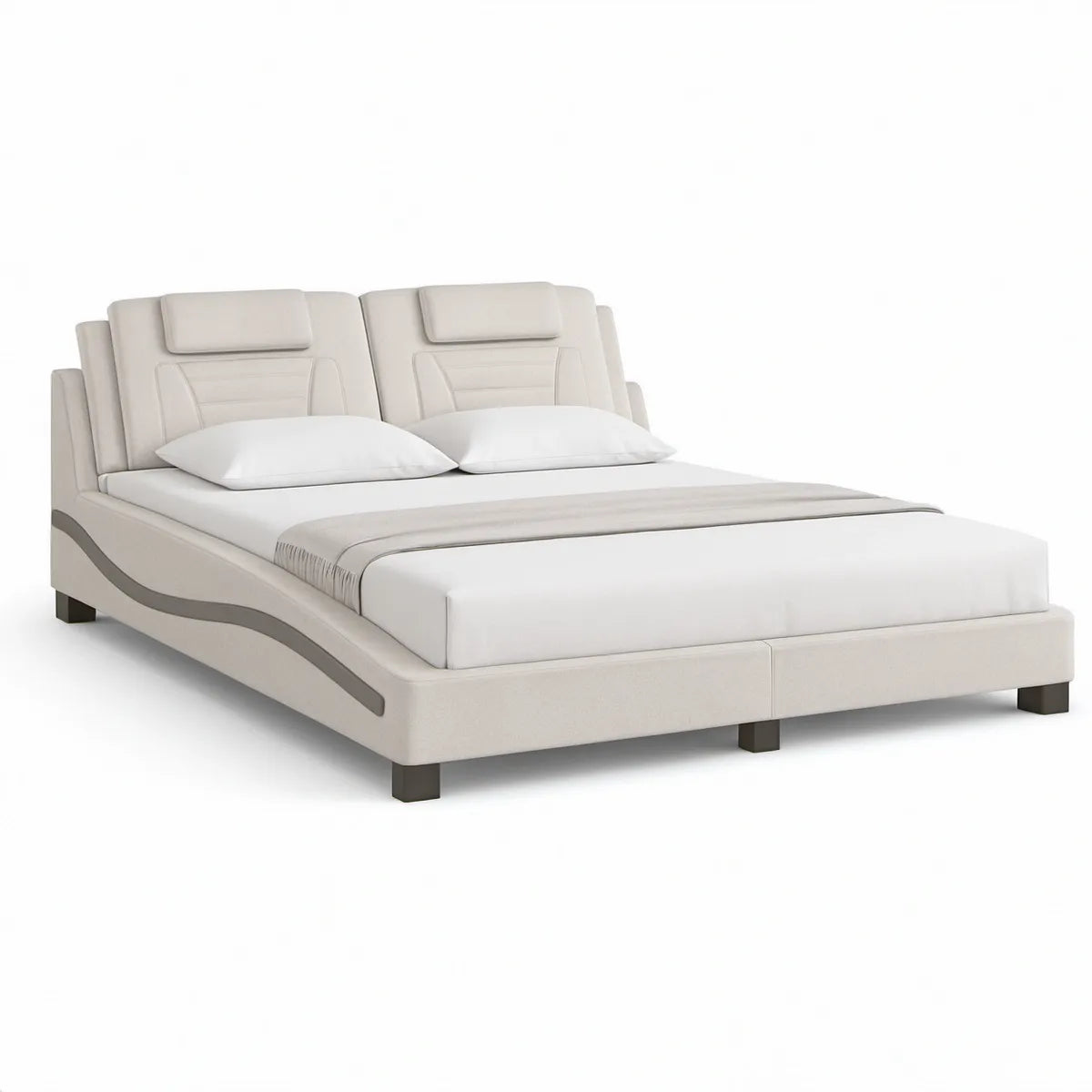 Gepolstertes Doppelbett 180 x 200 cm, PU-Kunstleder Cremeweiss/Dunkelgrau, 225 x 198 x 118 cm
