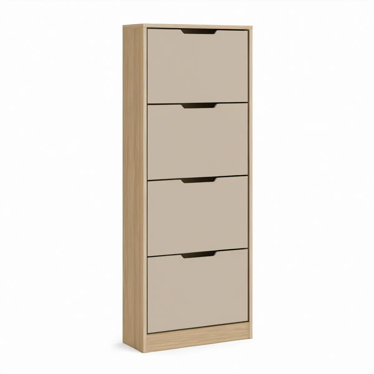 Schuhschrank mit 4 Klappfächern, 60 x 24 x 160 cm, Eichefarben/Beige/Schwarz