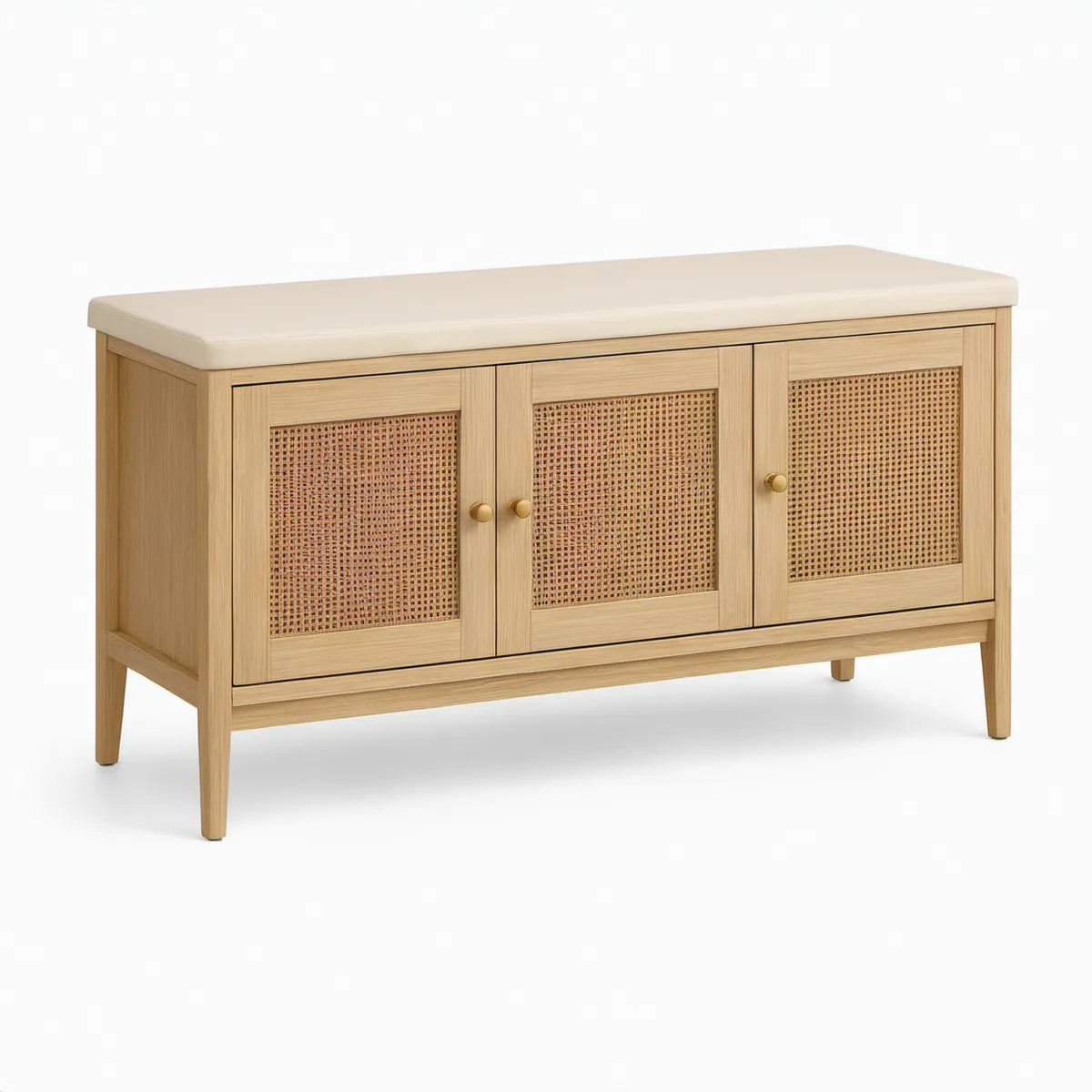 Schuhschrank mit Sitzbank, 100 x 35 x 55 cm, MDF, Rattan und PU-Kunstleder, Natur/Beige/Gold