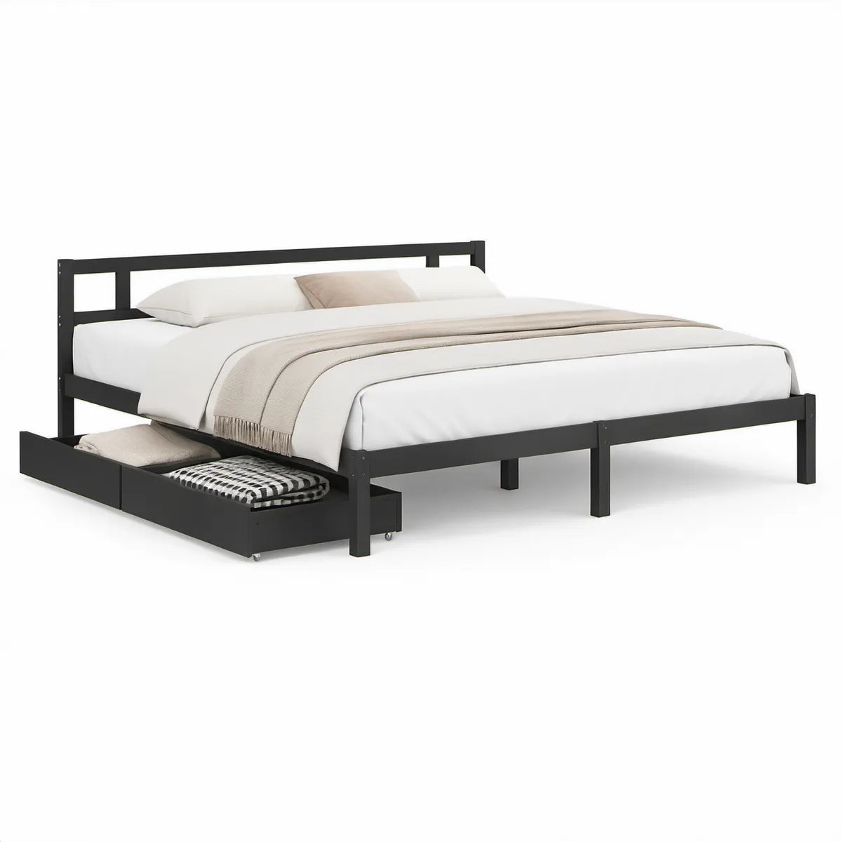 Metallbettgestell 160 x 200 cm mit ausziehbarer Unterbett-Schublade, Schwarz
